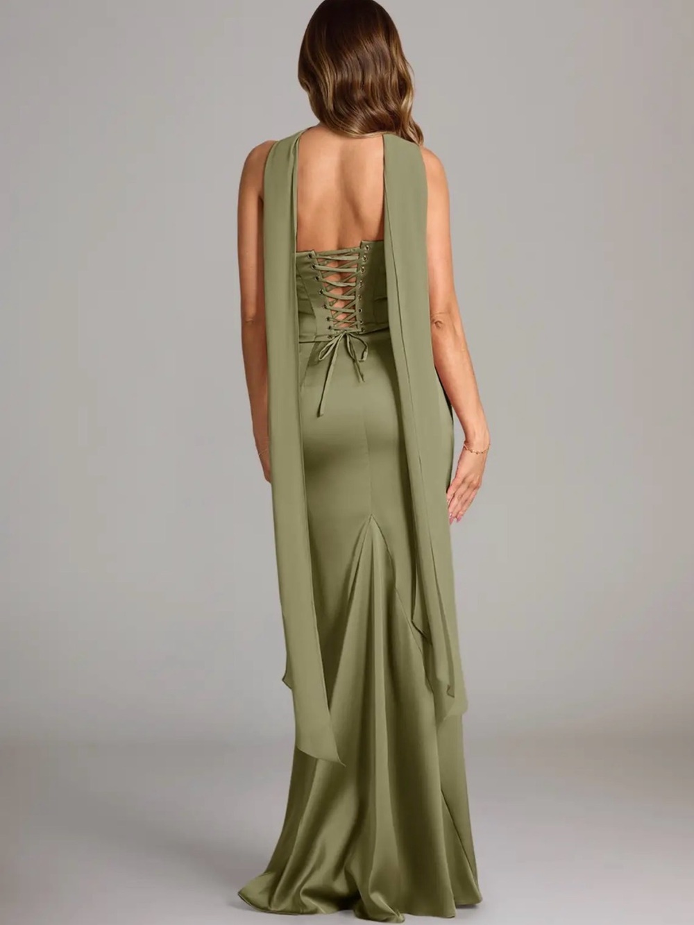 Olive Green Draped Satin Evening Gown - Picture 2 of 6